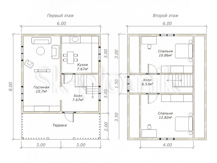 Планировка каркасного дома 6х8 с мансардой