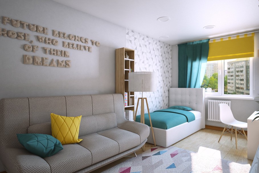 Интерьер маленькой комнаты с кроватью