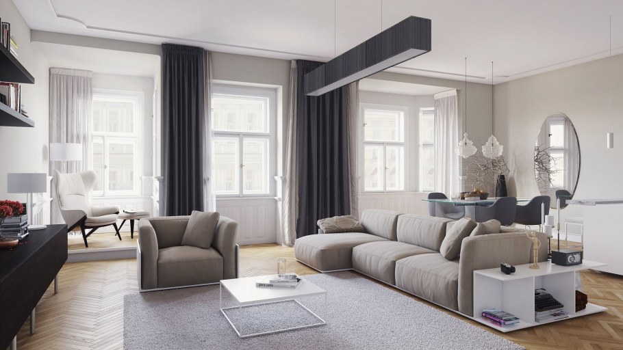 Горчичные шторы в интерьере гостиной