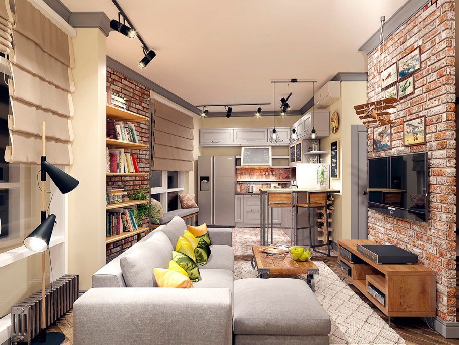 Узкая гостиная лофт