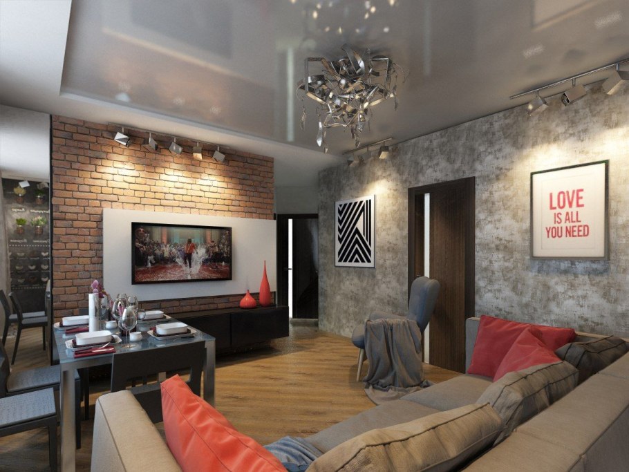 Прямоугольная гостиная в стиле лофт