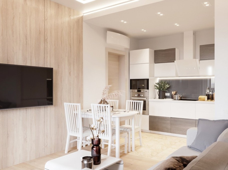 Кухня в пудровых тонах с диваном