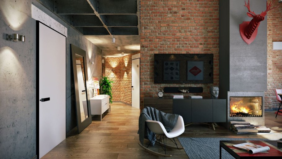 Камин в стиле лофт в интерьере