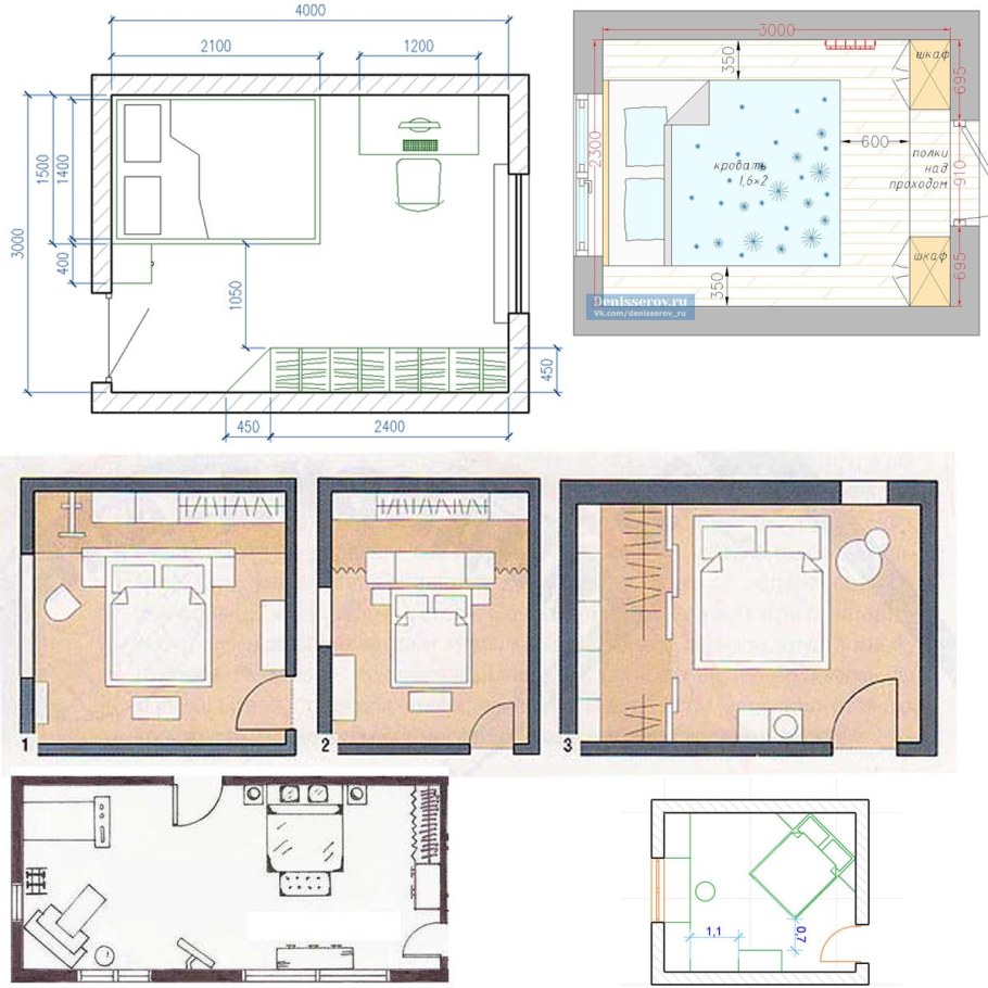 Спальня 9м2 квадратная расстановка чертеж