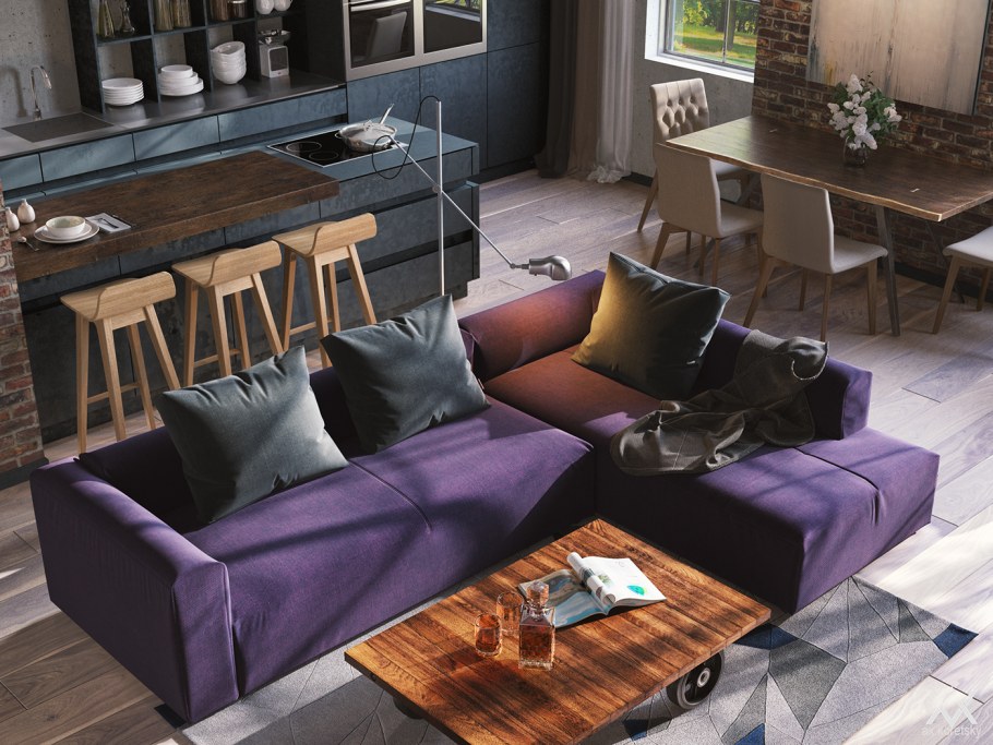 Фиолетовая спальня лофт