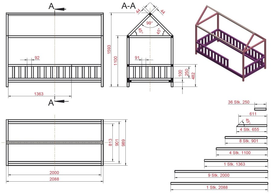 Кровать двухъярусная Роджер габариты