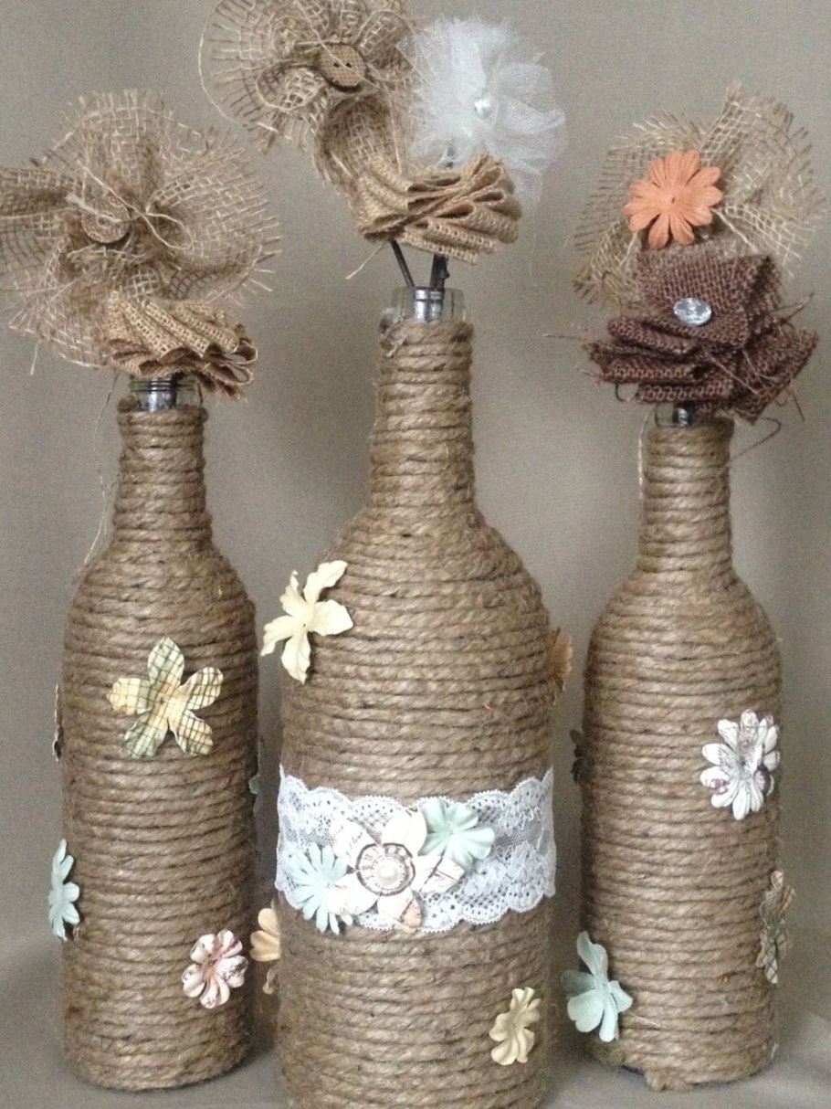 Украшение бутылки бечевкой