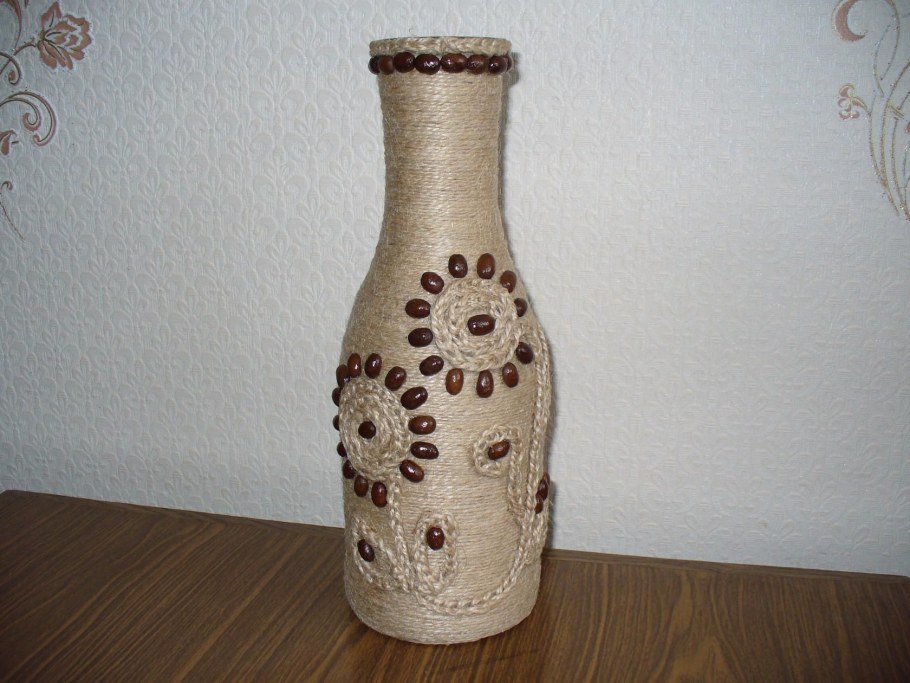 Декор бутылки джутовым шпагатом