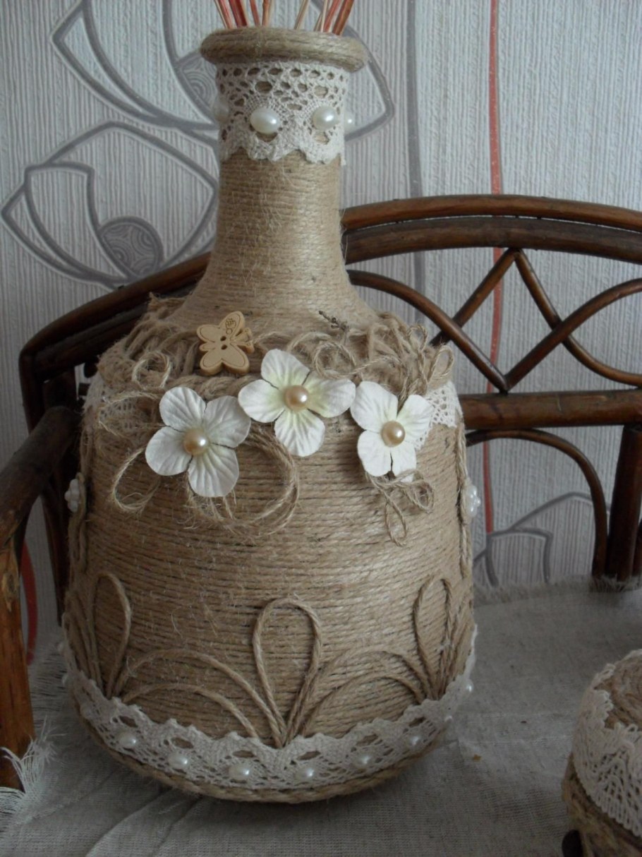 Декорирование бутылок шпагатом