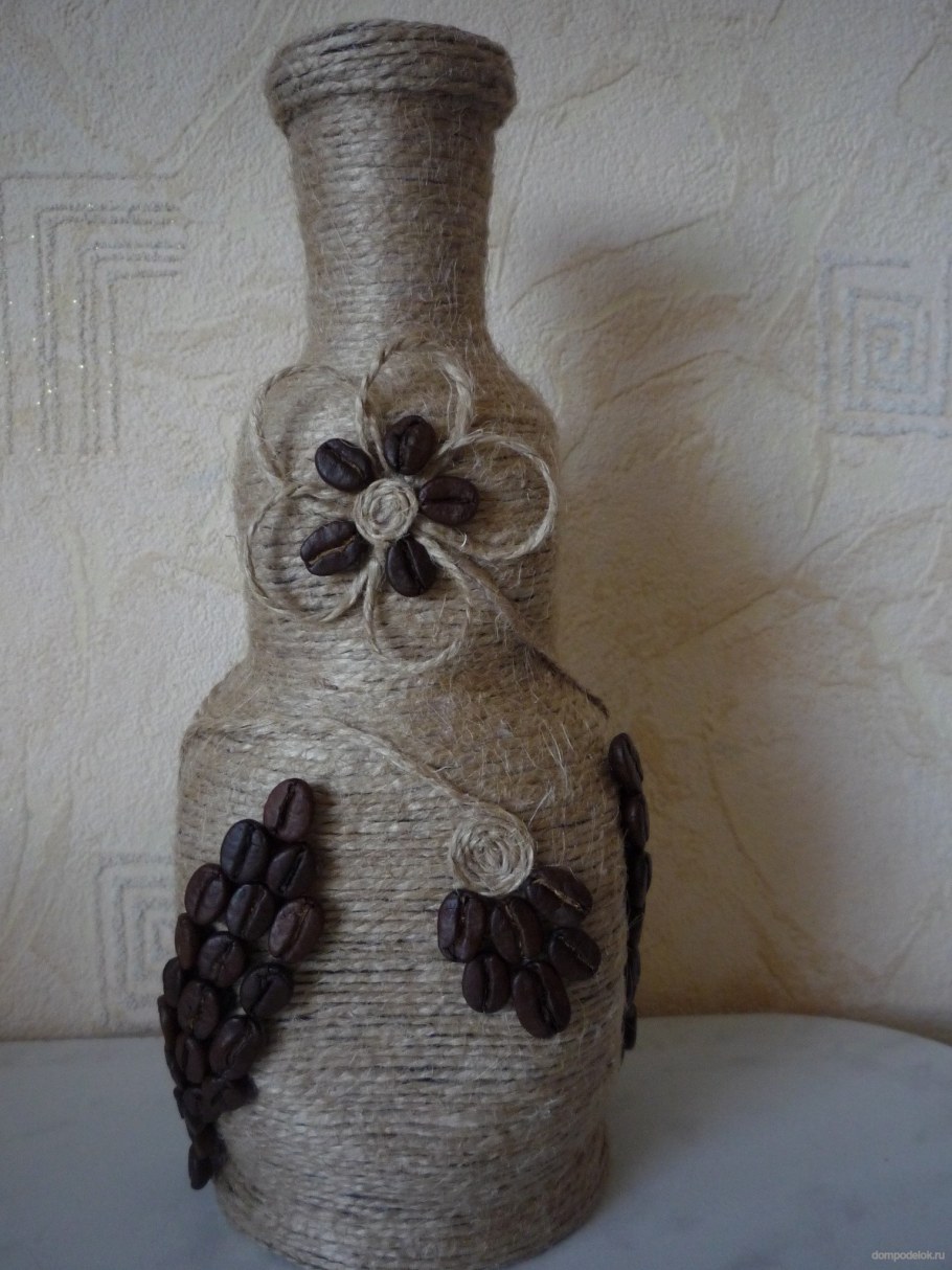 Декор бутылок шпагатом в морском стиле