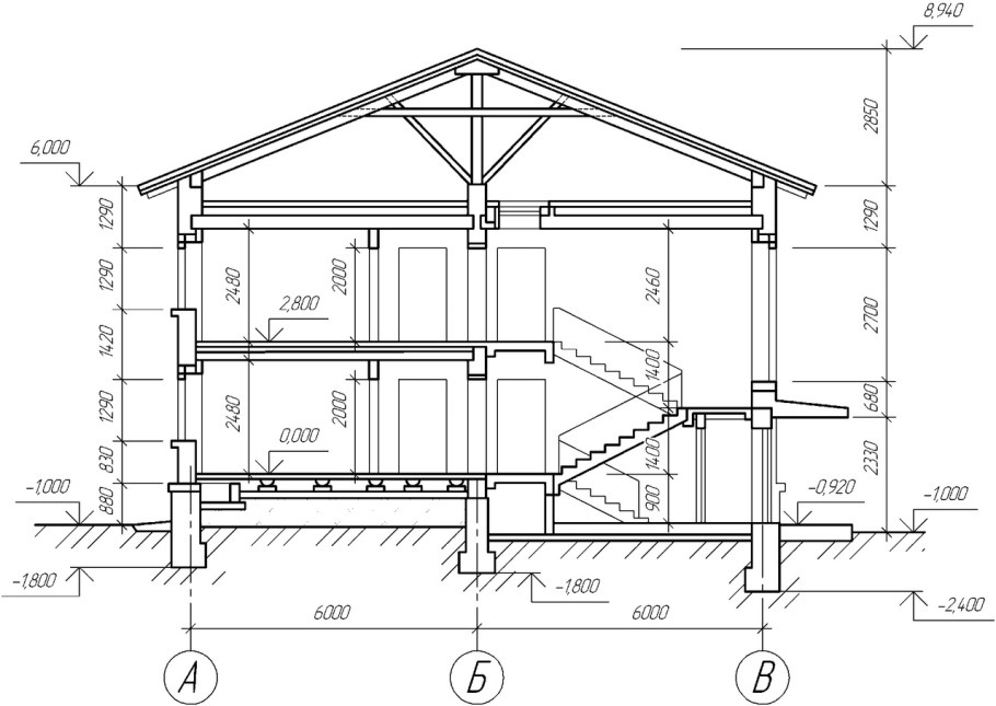 Разрез двухэтажного здания чертеж