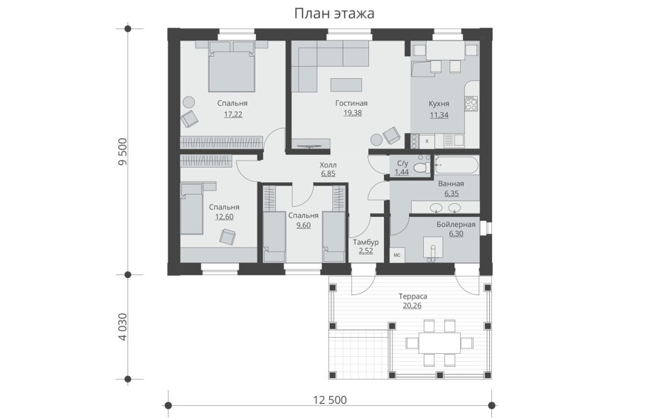 Одноэтажный дом 120кв с террасой планировка
