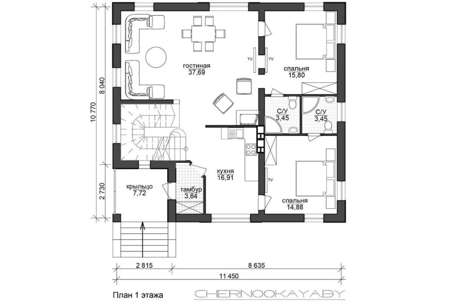 Планировка три спальни 65м2