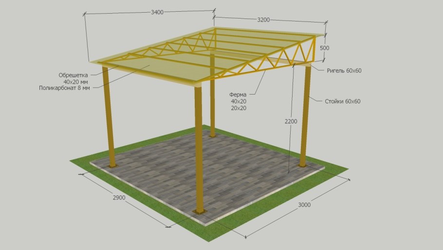 Чертеж металлического односкатного навеса 6м