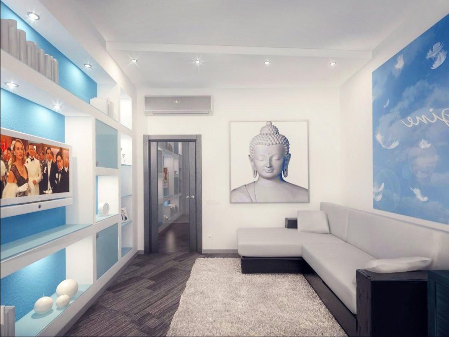 Интерьер длинной гостиной