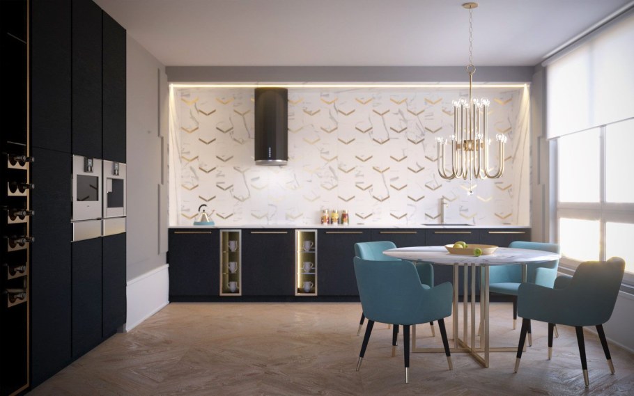 Кухня без верхних шкафов в стиле арт деко