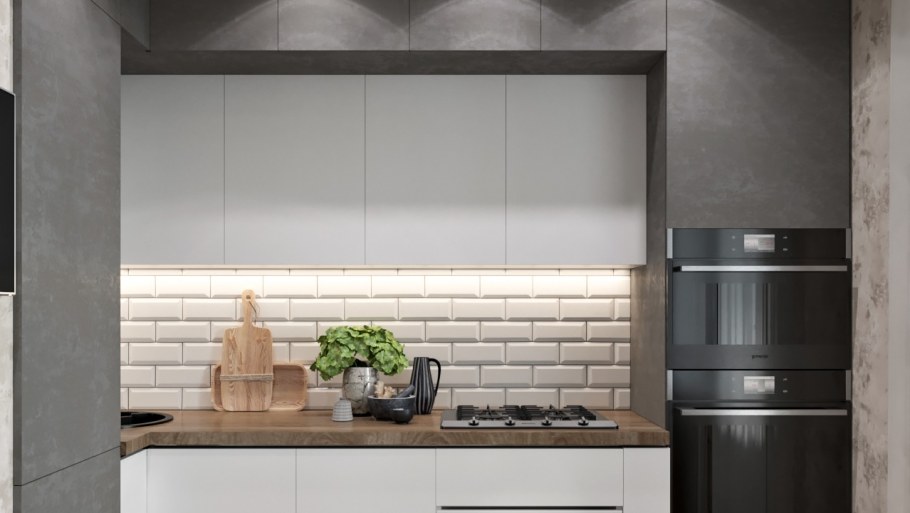 Кухня в серо красных тонах