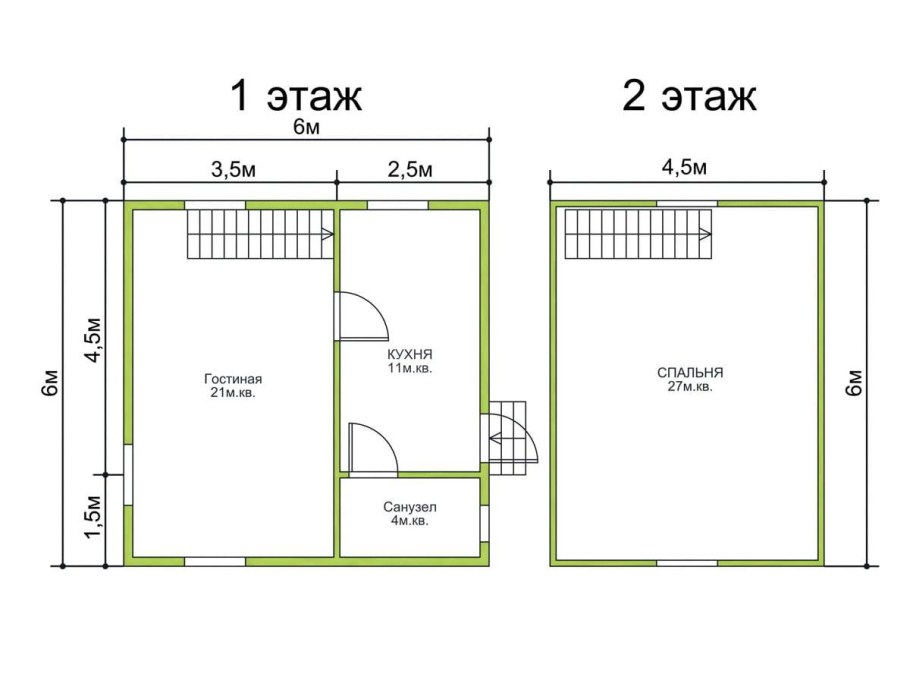 Планировка двухэтажного дачного дома 6х4