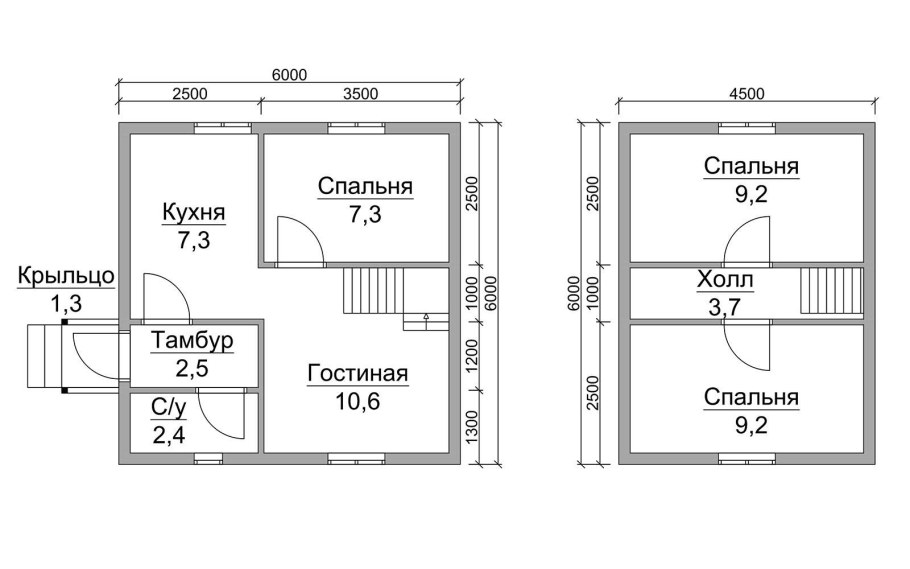 Планировка каркасного дома 6х6 с двумя комнатами