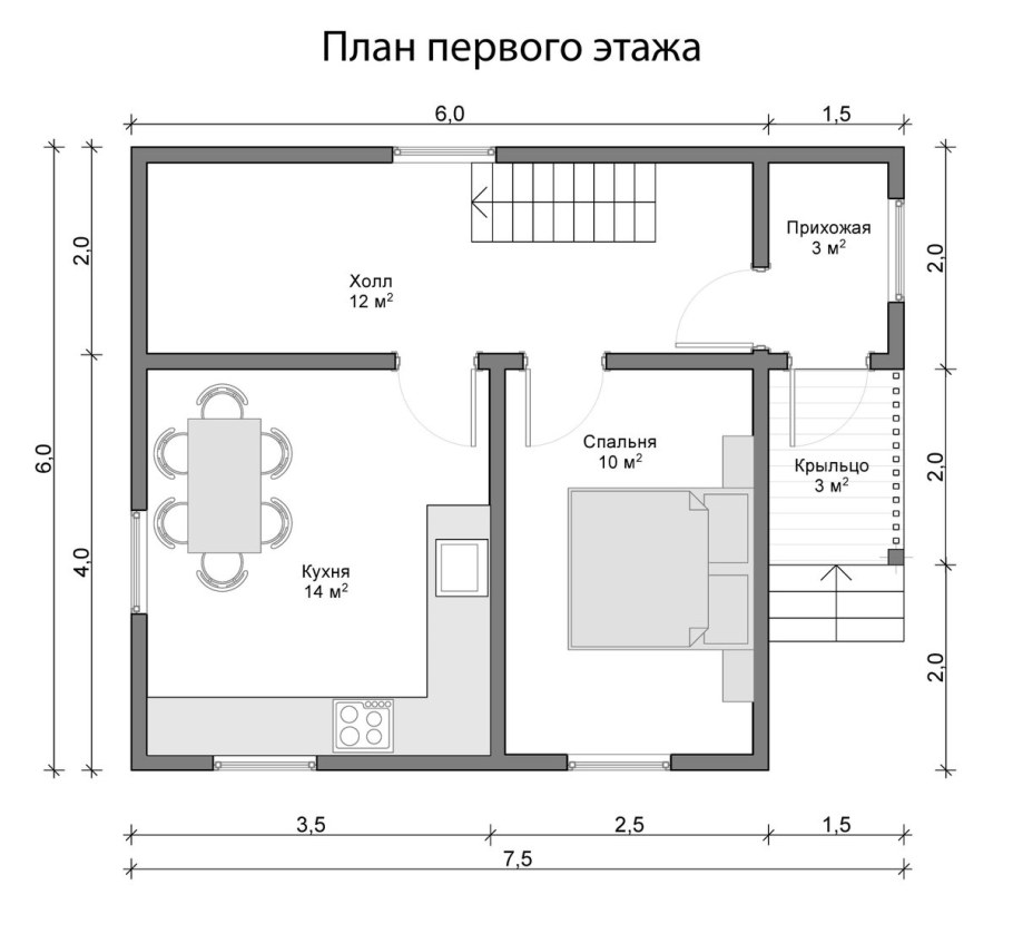 Планировка двухэтажного дачного дома 6х4