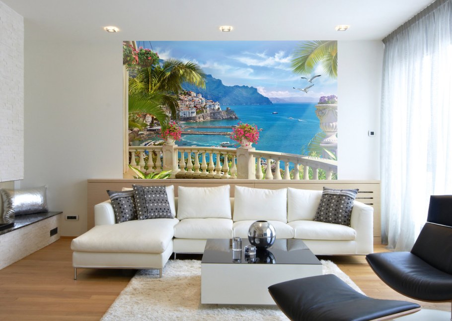 Фрески в интерьере гостиной над диваном