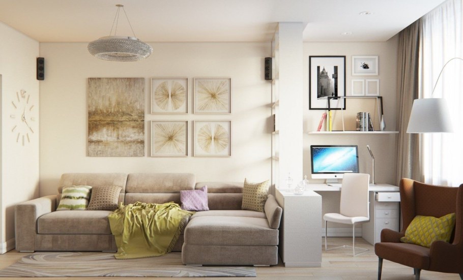 Гостиная зонирование диваном