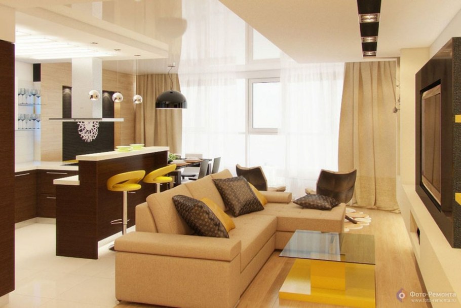 Расположение мебели в кухне гостиной