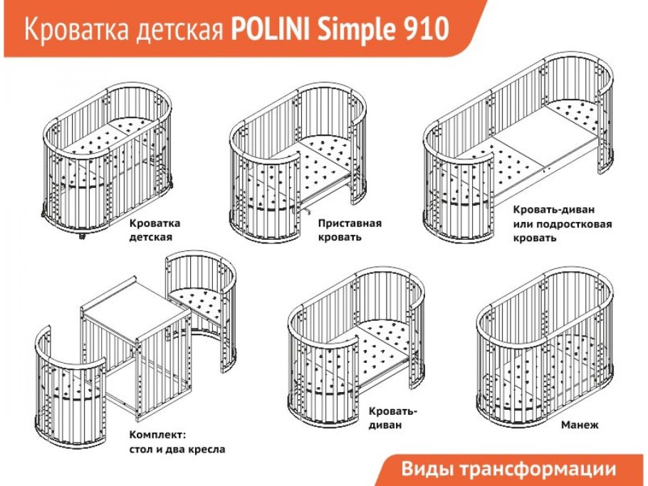 Кровать-трансформер 8 в 1 Polini Kids simple 910