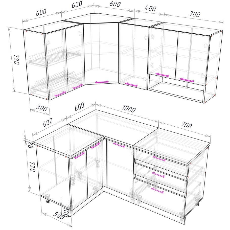 Двухуровневая кухня угловая чертеж