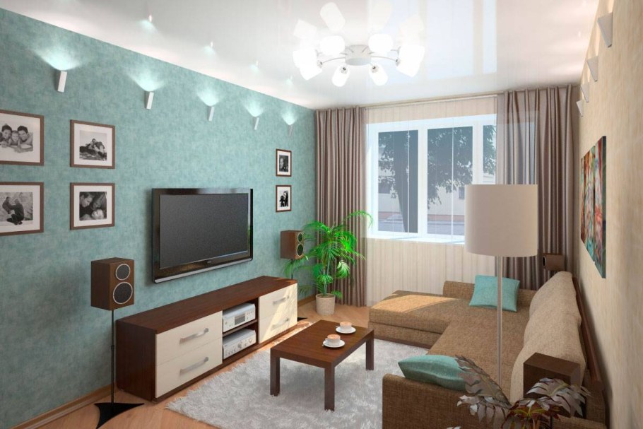 Интерьер квадратной гостиной-с 15м2