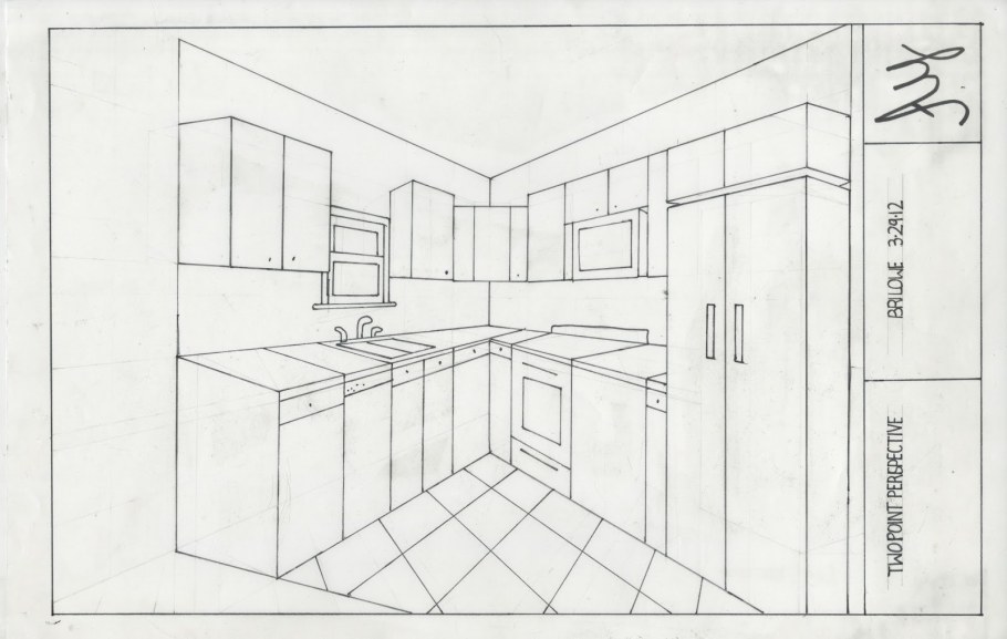 Угловая перспектива интерьера кухни