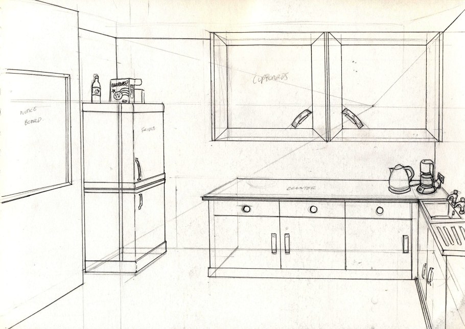 Угловая перспектива интерьера кухни