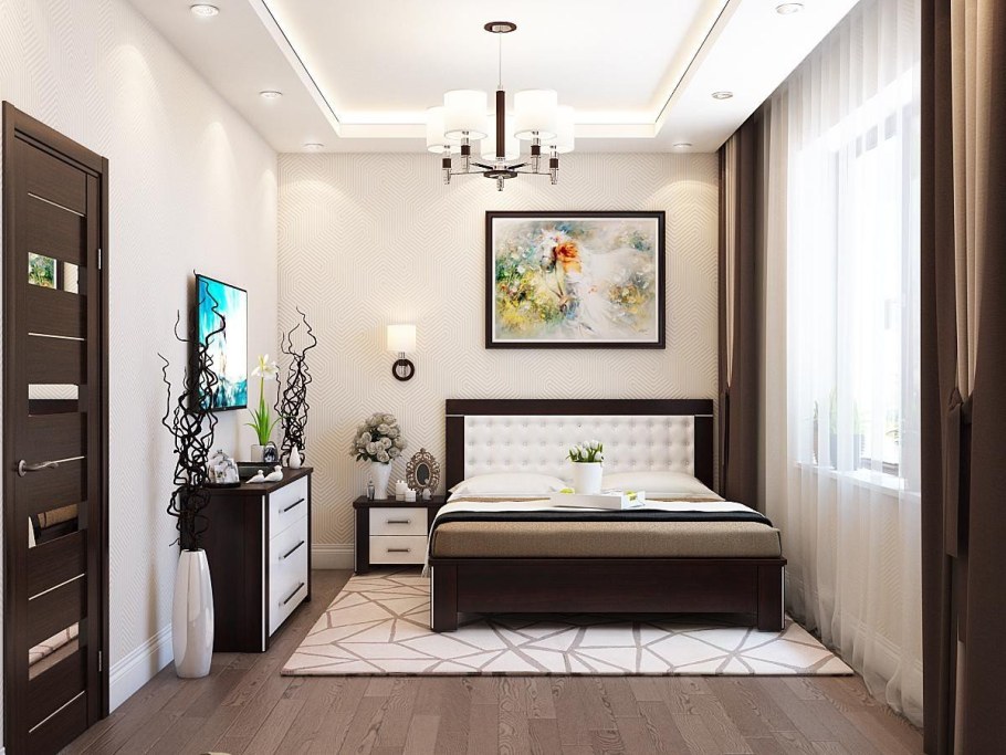 Спальня в светлых тонах с темной мебелью