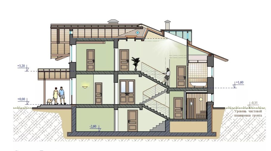 Разрез двухэтажного дома с подвалом чертеж