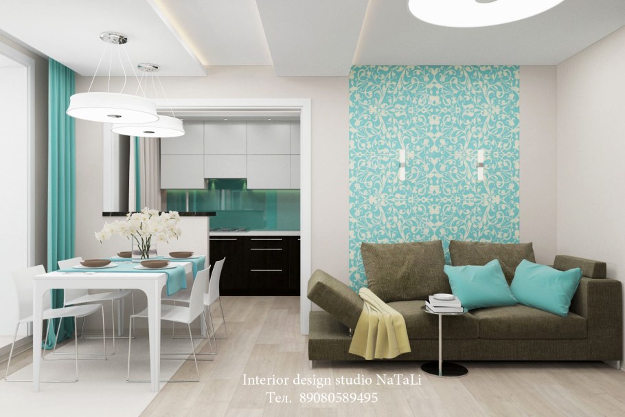 Бирюзовые шторы в интерьере кухни