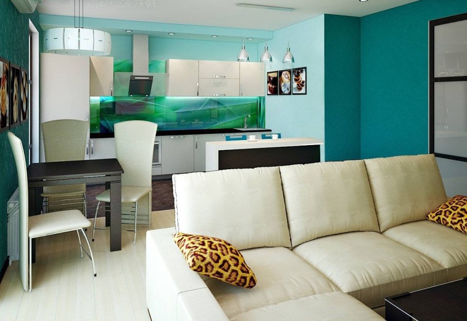 Кухня гостиная с бирюзовым диваном