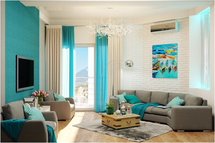 Гостиная с изумрудно-бирюзовым диваном