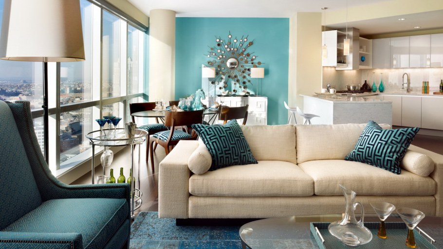 Гостиная в бело-бирюзовом цвете