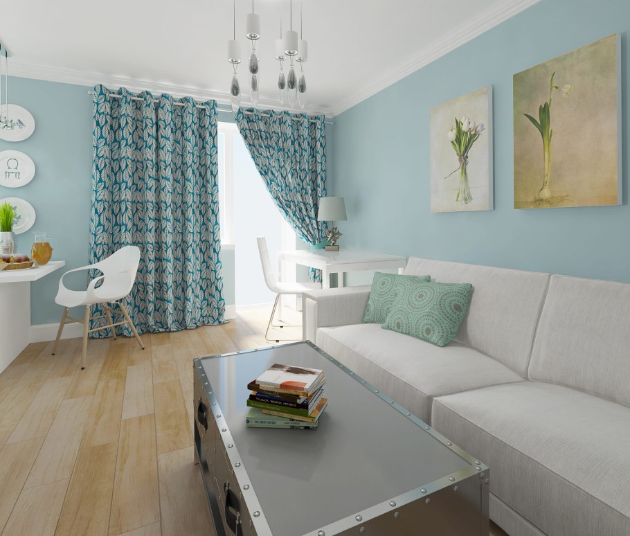 Бирюзовый интерьер гостиной