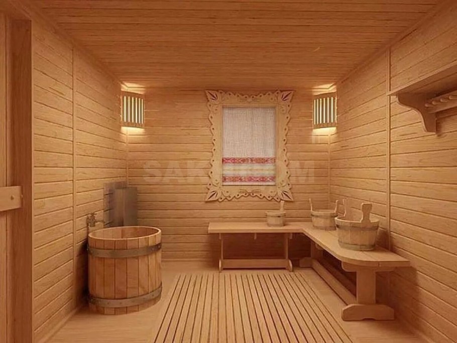 Интерьер помывочной в бане из бруса