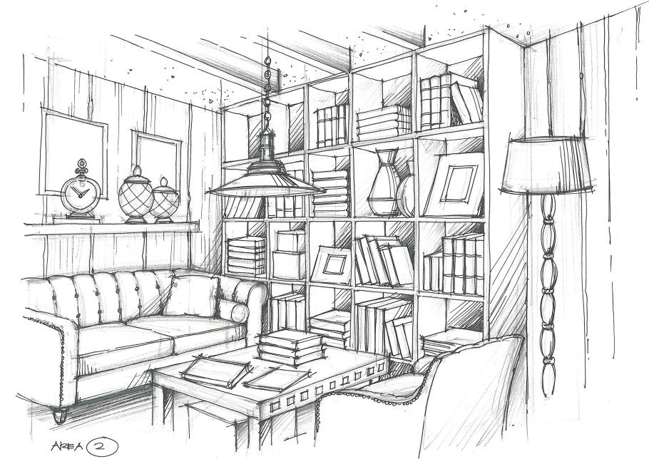 Угловая перспектива интерьера скетч