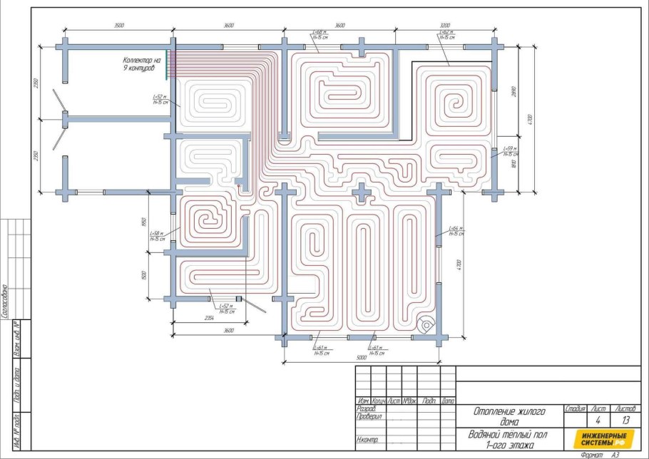 Схема раскладки теплого пола водяного