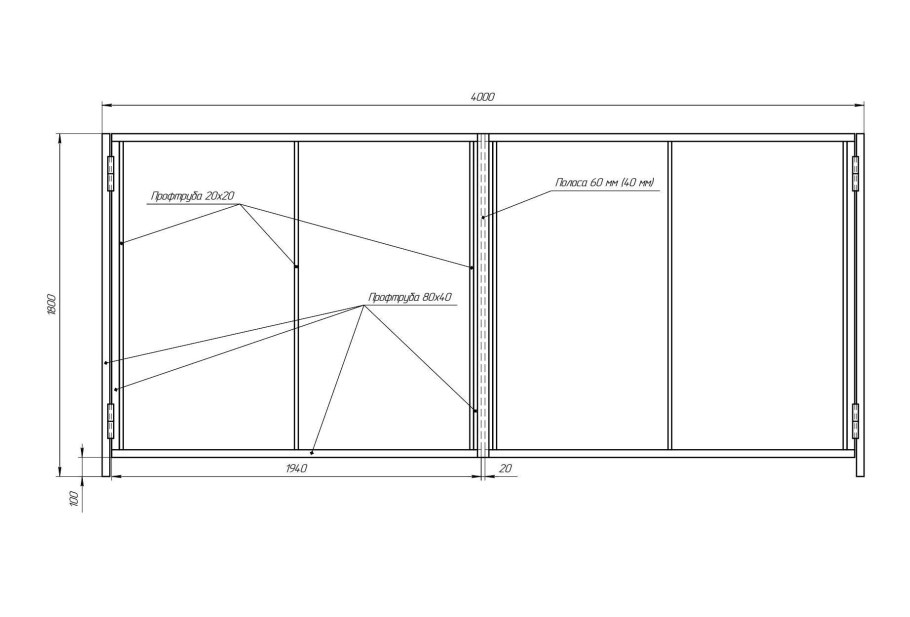 Чертеж гаражных распашных ворот с калиткой 4х4 м