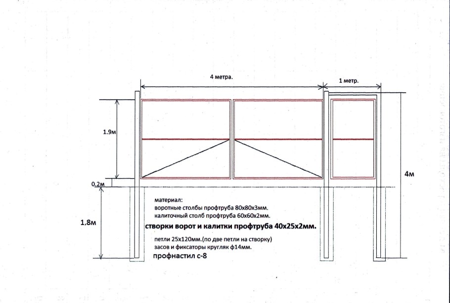 Ворота металлические распашные 4000х4300 с калиткой чертеж
