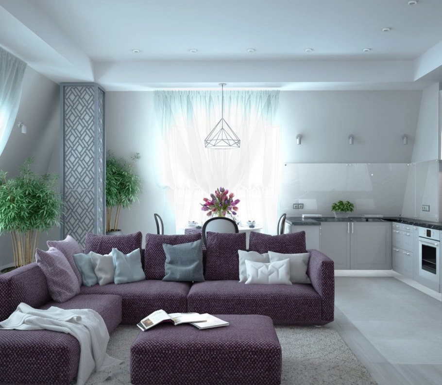 Сиреневый диван в интерьере в гостиной