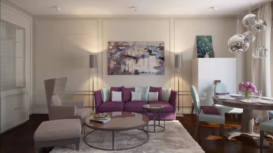 Фиолетовый диван в бежевом интерьере