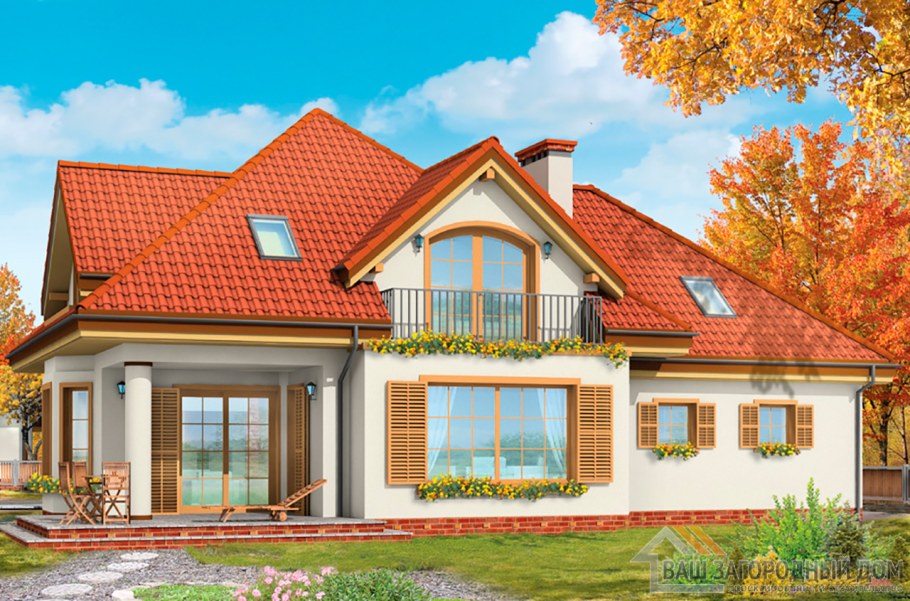 Одноэтажный дом с эркером и мансардой