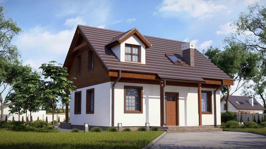 Фасад частного дома с двухскатной крышей