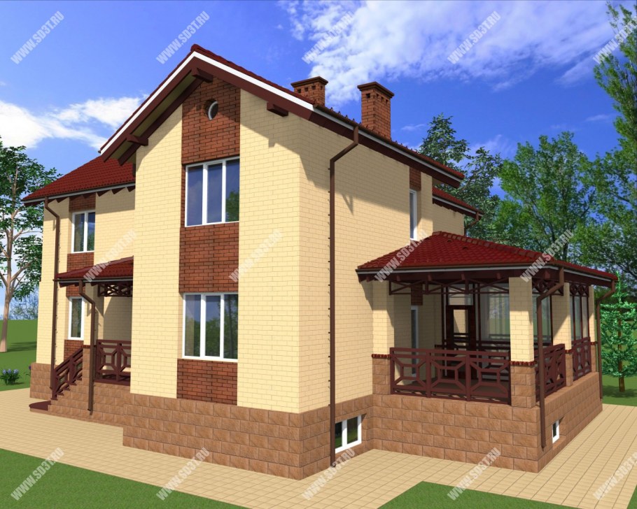 Дом кирпичный двухэтажный с высоким цоколем