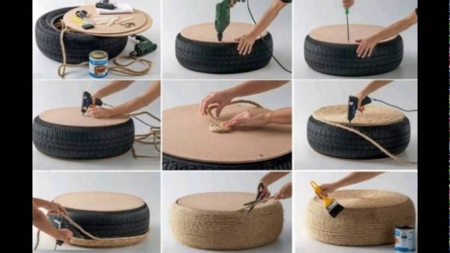 Пуфик из шины и веревки